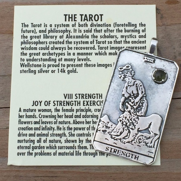 Strength Tarot Card Pendant .925 Sterling Silver w/ genuine Peridot gem USA - Picture 4 of 8